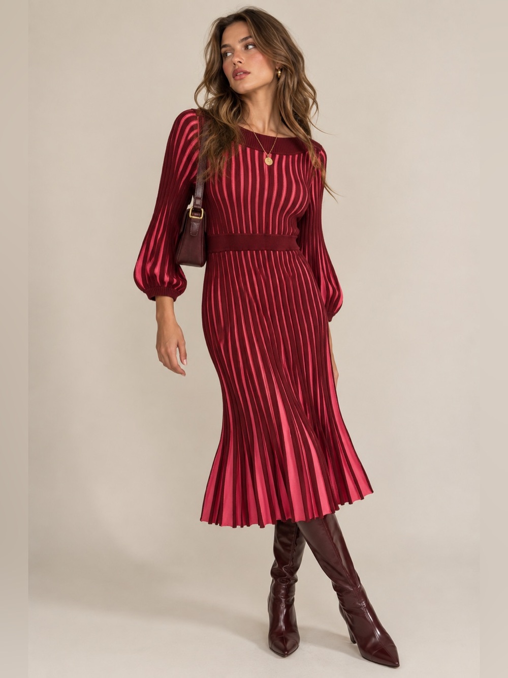 Boden Burgundy Pink Striped Ribbed Knit Fit Flare Midi Sweater Dress Y2K 2P